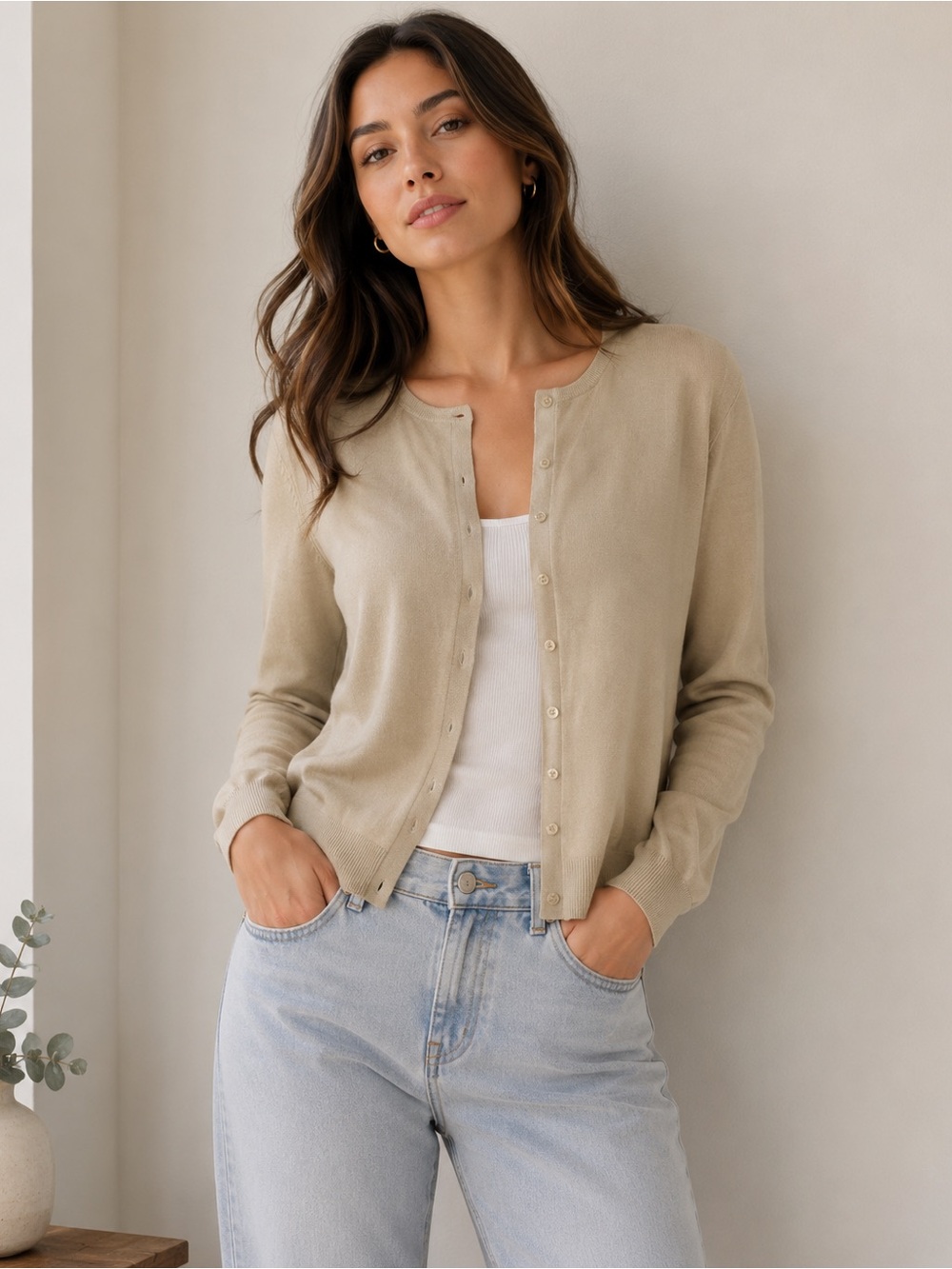 August Silk Silk Blend Cardigan Sweater Size Large Beige